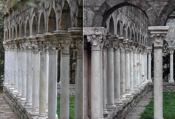 Columns from the restored cloister of Sant'Andrea 12th century, Via di Porta Soprana 12, Genoa, Italy, Europe