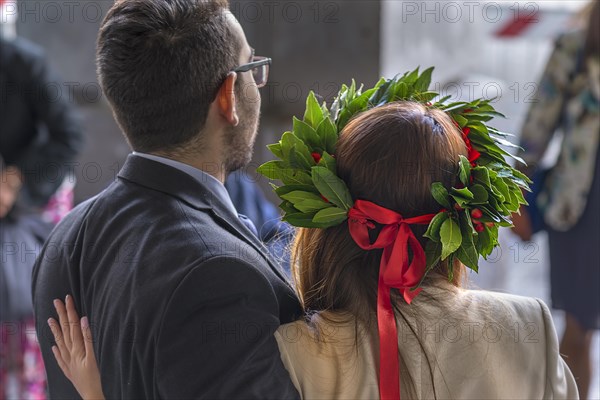 Graduate of the University of Genoa with traditional laurel wreath and red ribbon, Genoa, Italy, Europe