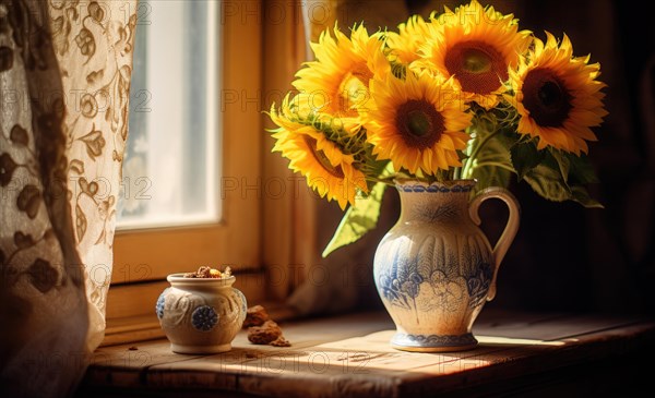 A vase of sunflowers on a wooden table by the window, with cookies, evoking a cozy morning AI generated