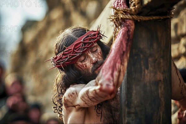 Depiction of Jesus with crown of thorns carrying the cross through the streets to the place of crucifixion, symbolising sacrifice and faith, AI generated, AI generated