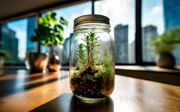 Bottle garden, mini biotope, eco system in a glass jar in a city flat, AI generated, room, windowsill, plants, screw-top jar, gardening, herbs, green, sunlight