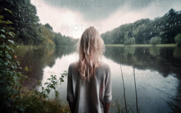 Suicidal thoughts, a young depressive woman with suicidal intent stands on the shore of a lake in the rain, AI generated, AI generated