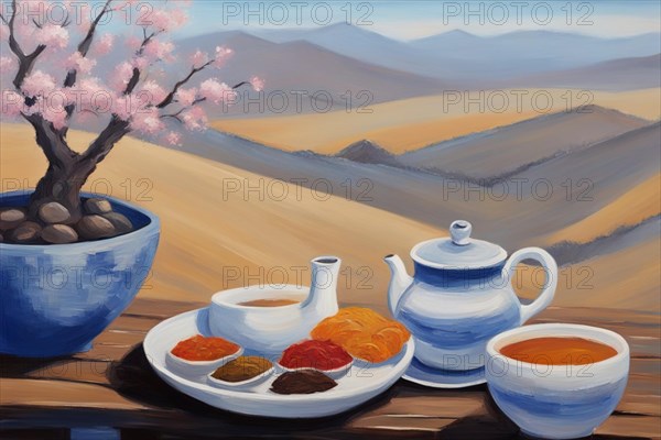 Painting capturing two cups of tea on a table on a terrace face beautiful landscape, japanese traditional ceremony ai generated, AI generated
