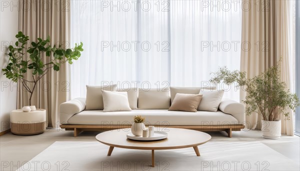 A cozy and elegant living room with a modern sofa, coffee table, and indoor plants bathed in natural light, AI generated