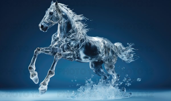 White horse running on the snow in winter. ice sculpture. glass figure of horse in dynamic pose AI generated