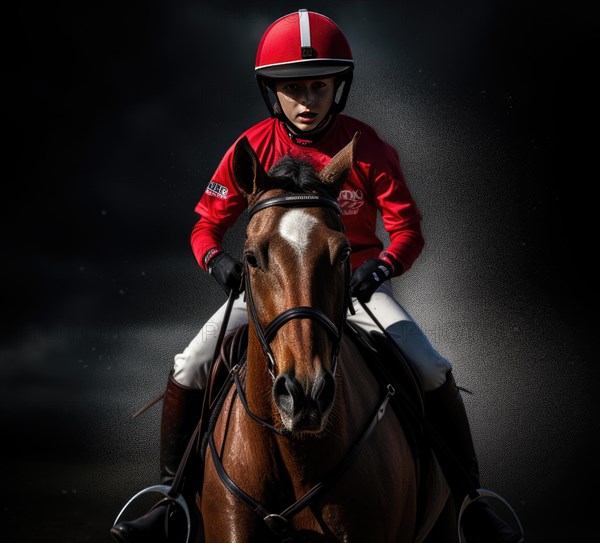 Horse rider in helmet and red jacket riding on a dark background AI generated