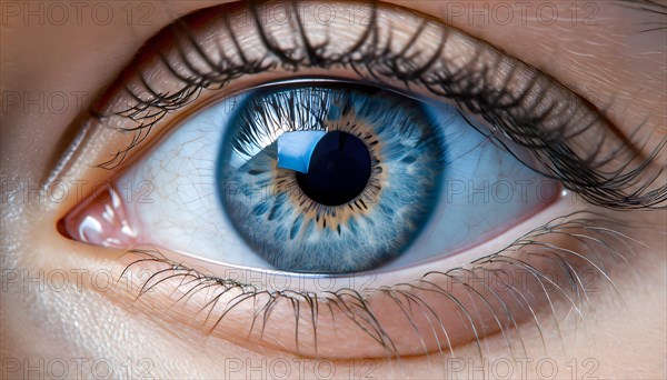 Extreme closeup of a blue eye of a woman. closeup of eyeball. AI Generated, AI generated