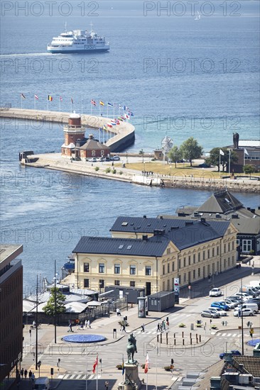 View of the harbour of Helsingborg and the Oeresund, Skane laen, Sweden, Europe