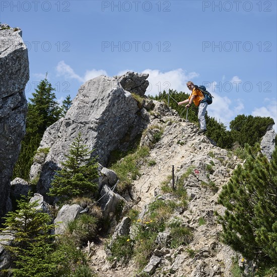 Hiker walking on a secured passage on the Brecherspitze, Spitzingsee, Mangfall mountains, Bavarian Prealps, Upper Bavaria, Bavaria, Germany, Europe