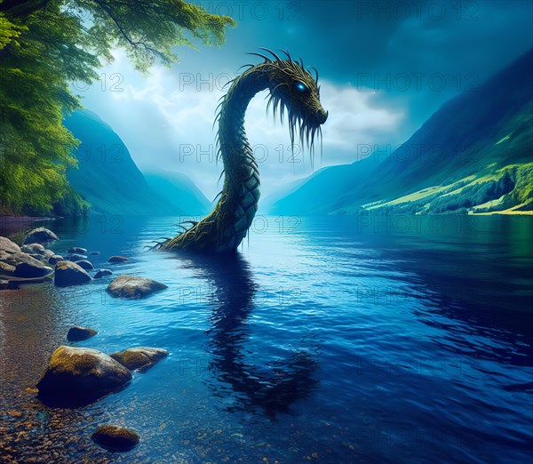 Mythology, the mythical creature Nessie, the Loch Ness monster, in Loch Ness in Scotland, AI generated, AI generated