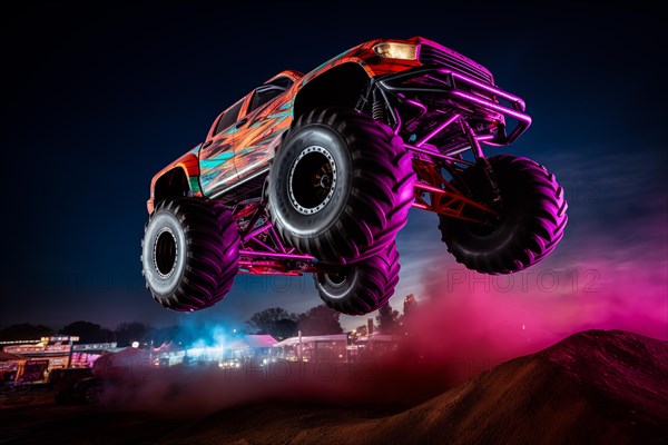 Monster truck with neon lighting, jumping off-road outdoors in cloud of dust, during a night event, surrounded by vibrant lights and smoke. Excitement and thrill of an extreme sport, AI generated