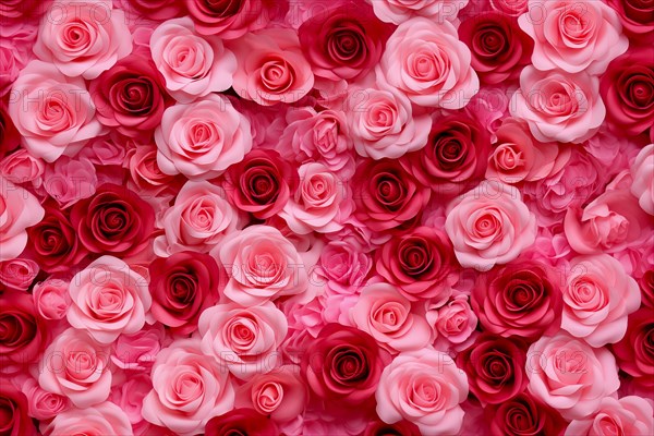 Valentine day background of close-up view of a beautiful mix of pink and red roses, symbolizing love and affection, perfect for Valentine Day celebrations, AI generated