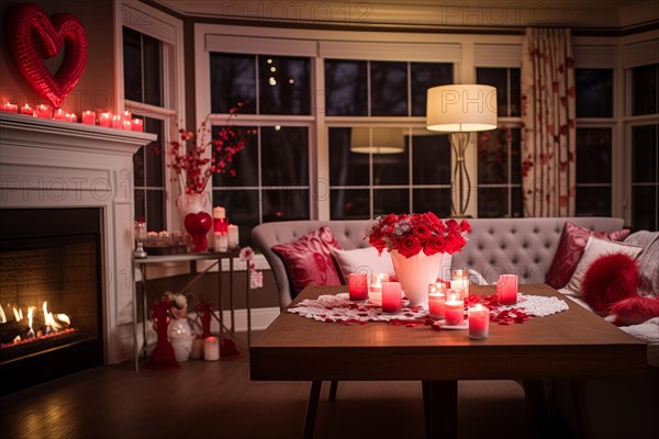 A cozy living room adorned with Valentine's Day decorations, featuring pink balloons, a bouquet of roses, and candlelight creating a romantic ambiance, AI generated