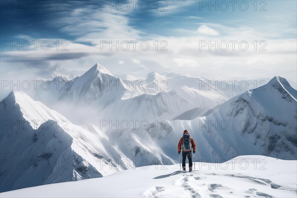 A mountaineer in mountains approaching a majestic snowy mountain peak amidst a snowfall and snow storm. Solitude and determination, adventure and challenge of climbing in extreme conditions, AI generated