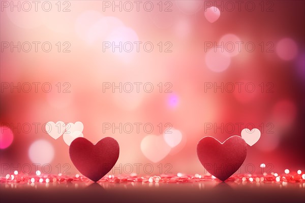 A beautiful and romantic background featuring two elegant red hearts against a soft, bokeh light effect, perfect for Valentine Day or any love-themed design, AI generated