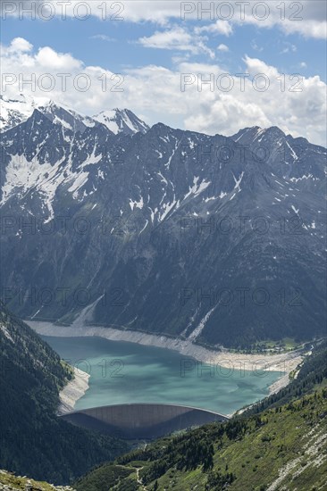 Dam, dam wall of the Schlegeis reservoir in a mountain valley, reservoir lake with turquoise blue water, Zillertal Alps, Tyrol, Austria, Europe