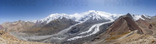 Panorama, high mountain landscape with glacier moraines and glacier tongues, glaciated and snow-covered mountain peaks, Lenin Peak and Peak of the XIX Party Congress of the CPSU, Traveller's Pass, Trans Alay Mountains, Pamir Mountains, Osh Province, Kyrgyzstan, Asia