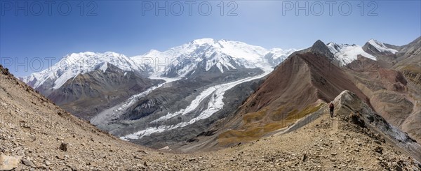 High mountain landscape with glacier moraines and glacier tongues, glaciated and snow-covered mountain peaks, Lenin Peak and Peak of the XIX Party Congress of the CPSU, Traveller's Pass, Trans Alay Mountains, Pamir Mountains, Osh Province, Kyrgyzstan, Asia