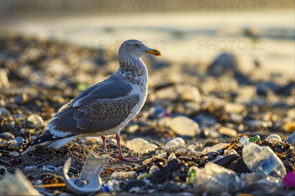 A seagull (Larinae) stands on a beach littered with plastic waste in the light of the sunset, AI generated, AI generated