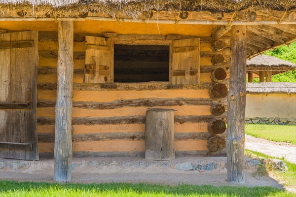 Exterior of log cabin with concrete and stone porch and thatch covered roof