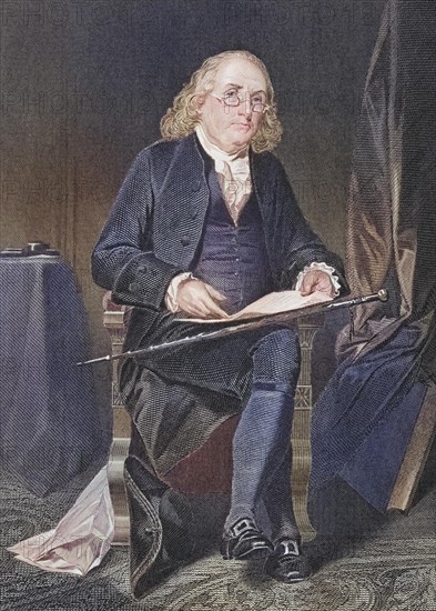 Benjamin Franklin 1706-1790, American statesman, philosopher, scientist, inventor and publisher, after a painting by Alonzo Chappel (1828-1878), Historic, digitally restored reproduction from a 19th century original