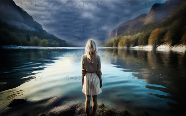 Suicidal thoughts, a young depressed woman with suicidal intent stands in the water by a lake, AI generated, AI generated