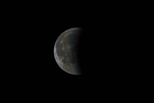 Half moon in the night sky, clearly visible moon craters and grey tint, Haan, North Rhine-Westphalia, Germany, Europe