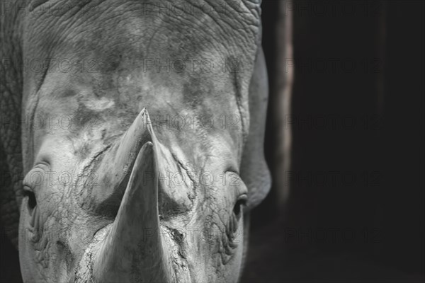 Close-up of a rhinoceros head in black and white, emphasising the texture of the skin and the horn, Allwetterzoo Muenster, Muenster, North Rhine-Westphalia, Germany, Europe