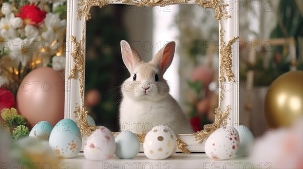 Easter bunny and Easter eggs on wooden background with spring flowers. Bunny near empty white frame AI generated