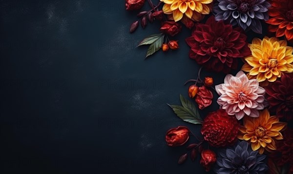 A dark-themed floral arrangement with vibrant dahlias and chrysanthemums creating a moody atmosphere AI generated
