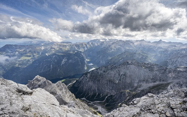 View of Koenigssee and Obersee with Steinernes Meer, at the summit of the Watzmann Mittelspitze, Watzmann crossing, Berchtesgaden National Park, Berchtesgaden Alps, Bavaria, Germany, Europe