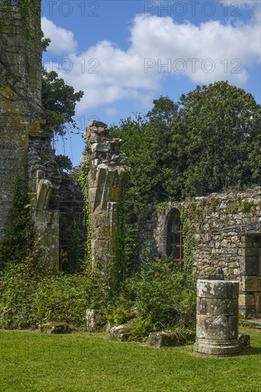 Ruins of the Eglise Saint-Pierre de Quimerch church in the abandoned old hamlet of Pont-de-Buis-les-Quimerch, Finistere Penn ar Bed department, Bretagne Breizh region, France, Europe