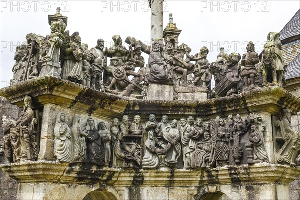 Calvary Calvaire, granite stone carving, Enclos Paroissial parish enclosure of Guimiliau, Finistere Penn ar Bed department, Brittany Breizh region, France, Europe