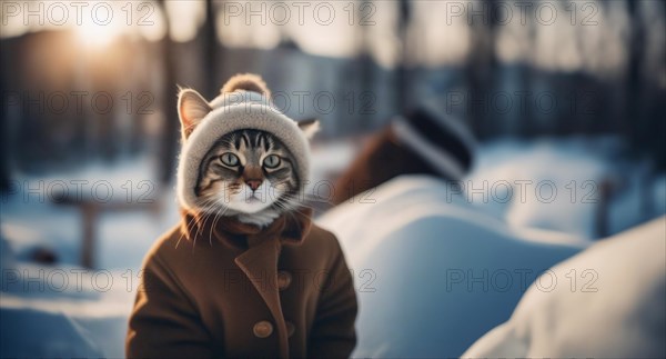 Cat in winter warm clothes in the winter on Snowy Street in the cold. The concept of warm clothes for the pet, AI generated