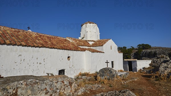 Church of St Michael the Archangel, Cross-domed church, Small white church with rounded dome under a clear blue sky, Aradena Gorge, Aradena, Sfakia, Crete, Greece, Europe
