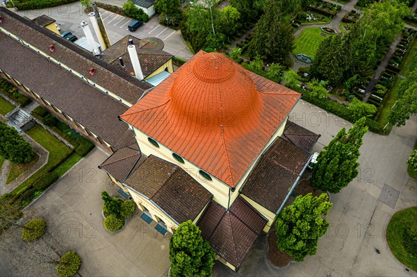 Top view of a striking building with a domed roof surrounded by trees, cemetery, Pforzheim, Germany, Europe