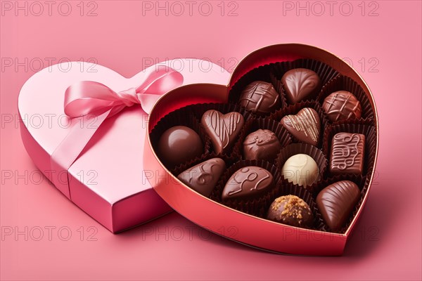 Heart-shaped box with a selection of finely crafted chocolates, perfect for Valentine Day, on pink background. Feelings of love, sweetness and indulgence, AI generated