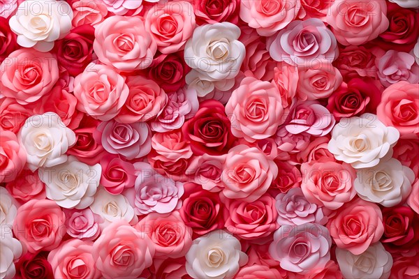 Valentine day background of close-up view of a beautiful mix of pink, red and white roses, symbolizing love and affection, perfect for Valentine Day celebrations, AI generated