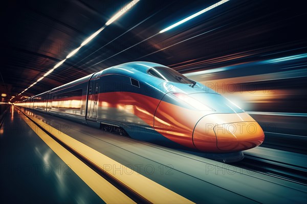 Modern high speed train in a futuristic train station. Modern transportation technology, speed, travel concepts. Railroad with motion blur effect, AI generated