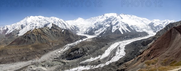 Mountain panorama, barren high mountains, glacier tongue of Pik Lenin, Pamir Mountains, Osh Province, Kyrgyzstan, Asia