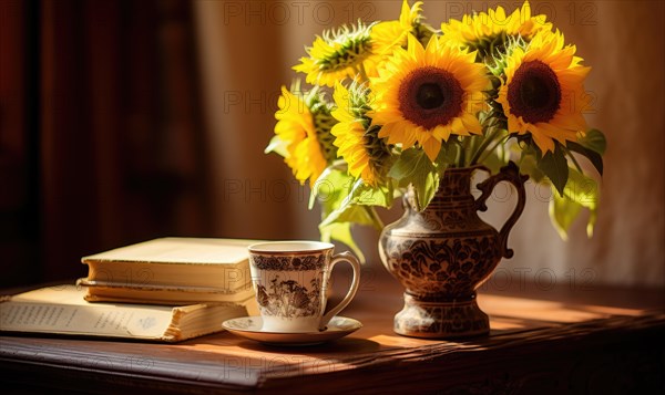 A patterned vase with sunflowers, ornate cup, and books bathed in sunlight AI generated