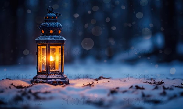 Christmas lantern with snow and bokeh background. Festive decoration AI generated
