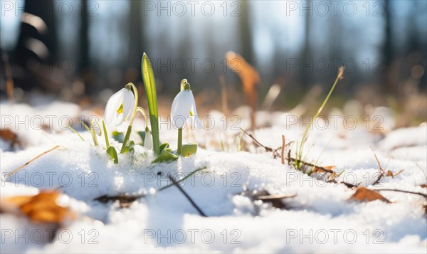 Two snowdrops in the sunlight, piercing through the snow marking the start of spring AI generated