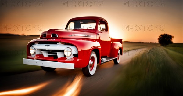 A retro vintage red truck speed in peaceful country road surrounded by beautiful landscapes at sunset ai generated, AI generated