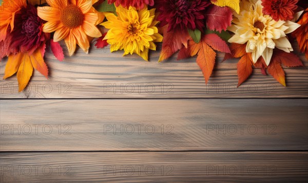 Yellow and orange fall flowers with seasonal leaves arranged on a streaked wooden surface AI generated
