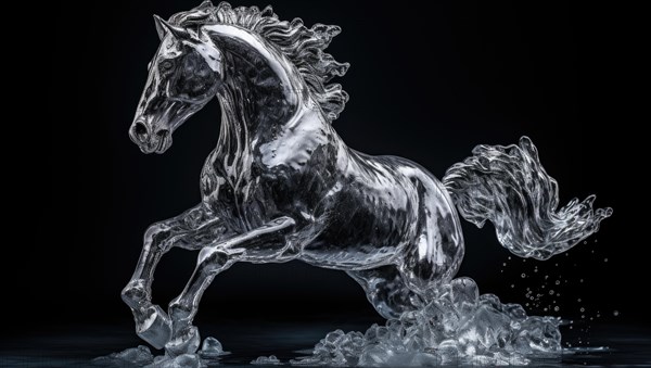 Ice sculpture of horse in dynamic pose. Beautiful horse ice figure AI generated