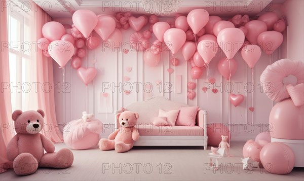 A room filled with pink balloons, a large teddy bear, and a pink sofa Children's room with pink bed, balloons and teddy bear. AI generated