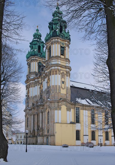 Historic Cistercian Abbey in Krzeszow. Basilica of the Assumption of the Virgin Mary. Winter view. Krzeszow. Poland