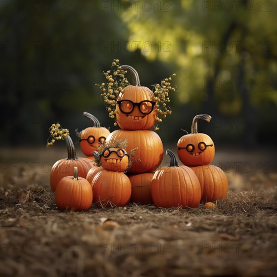 A cute pumpkin family with glasses in autumn scenery, Pumpkins with personality, AI-Generated & Photoshop, HobbyZone-Alpha, Haan, North Rhine-Westphalia, Germany, AI generated, Europe