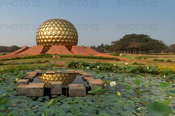 Lotus pond, meditation centre Matrimandir or Matri Mandir, future city Auroville, near Pondicherry or Puducherry, Tamil Nadu, India, Asia
